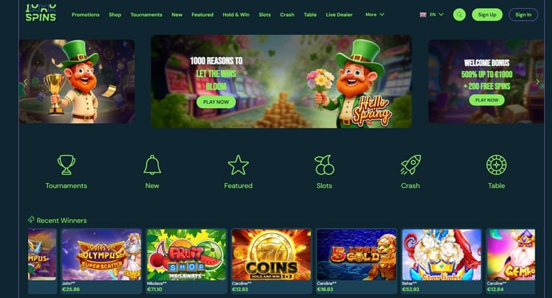 1000 spins sister sites screenshot