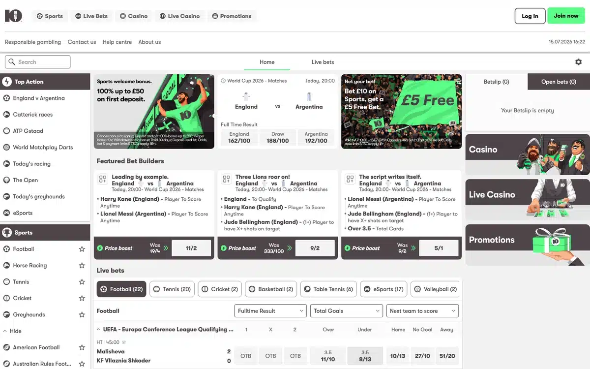 10Bet homepage showing its current sports betting markets