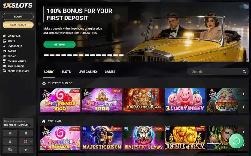 1XSlots casino homepage showing the slots lobby and first-deposit offer