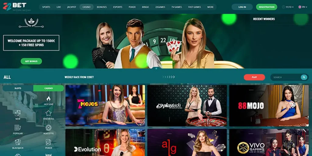 22BET Casino homepage showing the welcome package and live casino lobby