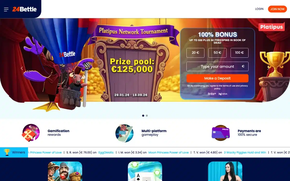 24Bettle homepage showing its current casino and sportsbook