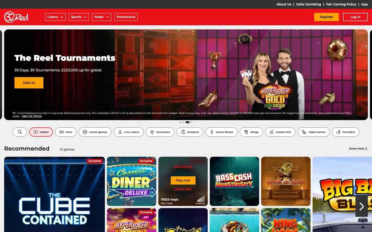 32Red homepage reached from the former 32Red Bingo domain