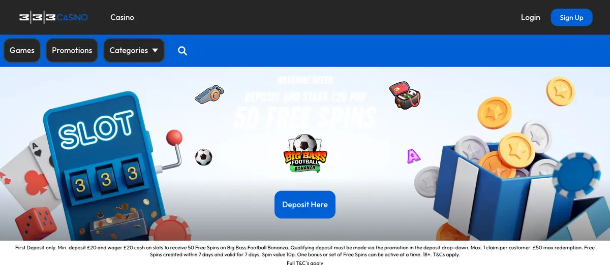 333 Casino homepage screenshot - July 2026
