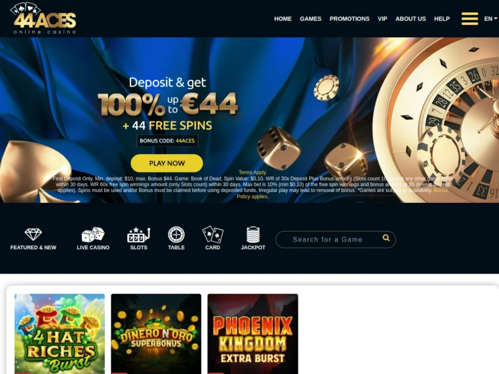 44Aces homepage screenshot – July 2026