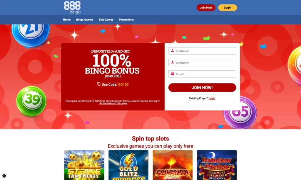 888 Bingo homepage showing the current bingo bonus and game navigation
