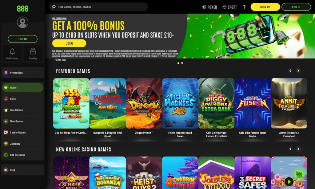 888 Casino homepage showing the current casino lobby and navigation