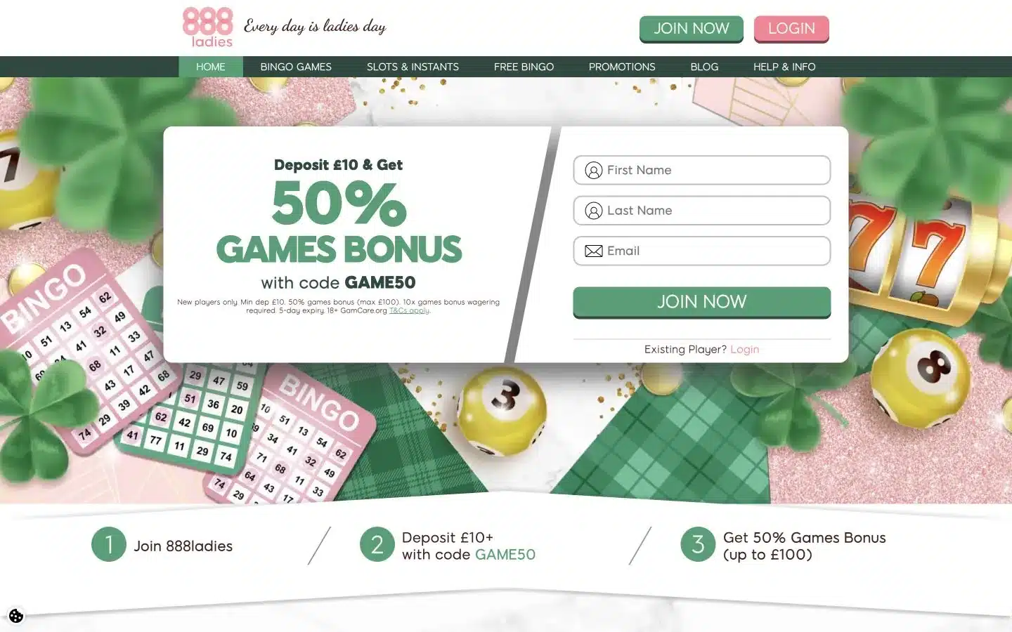 888 Ladies bingo homepage and current games bonus