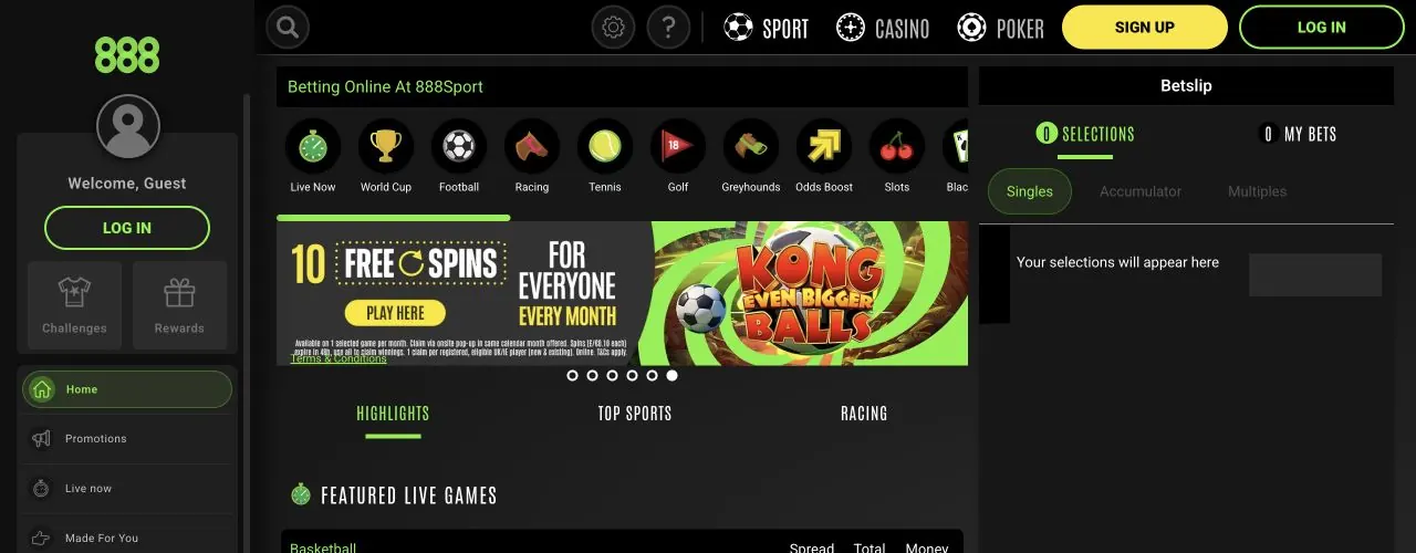 888sport’s historical sportsbook, with sport navigation and a separate betslip.