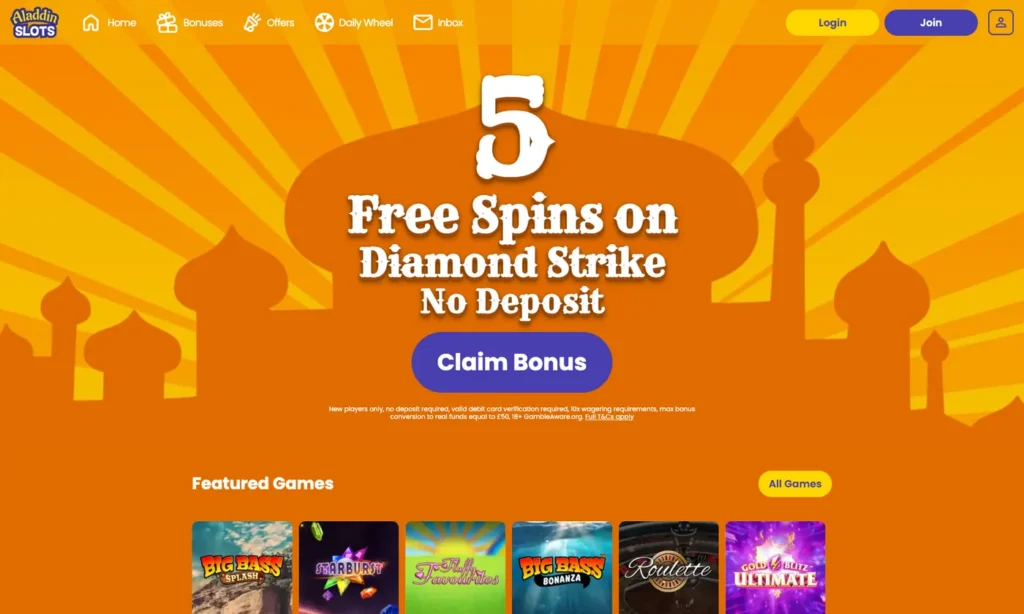 Aladdin Slots homepage screenshot – July 2026, showing the current no-deposit offer and slot lobby