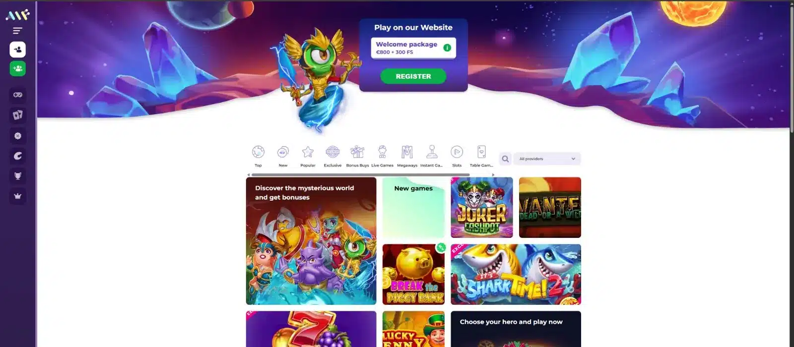 Alf Casino homepage showing the welcome offer and game lobby
