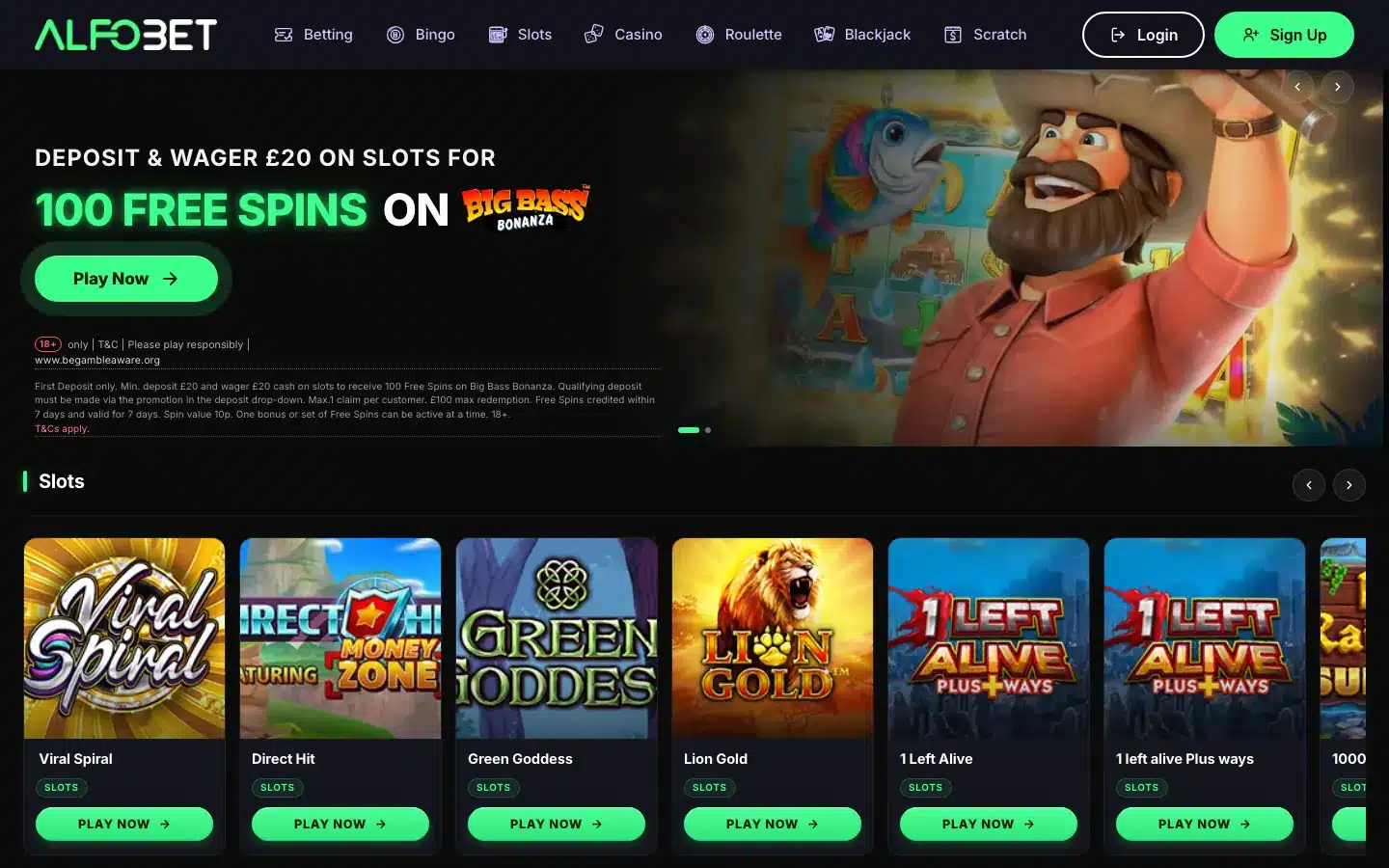 Alfobet Casino homepage showing the slots lobby and welcome offer