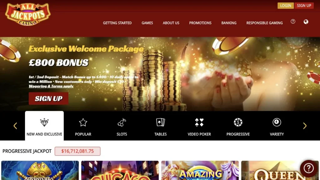 All Jackpots Casino live homepage and current welcome bonus