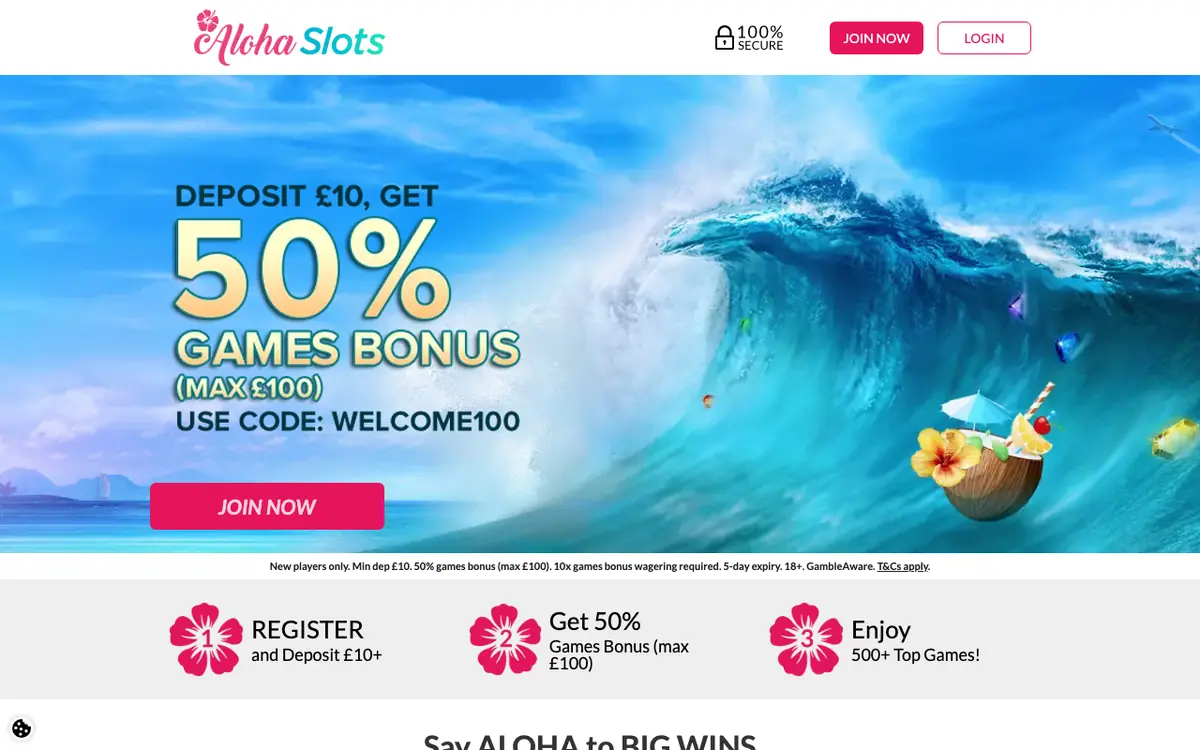 Aloha Slots Casino homepage screenshot
