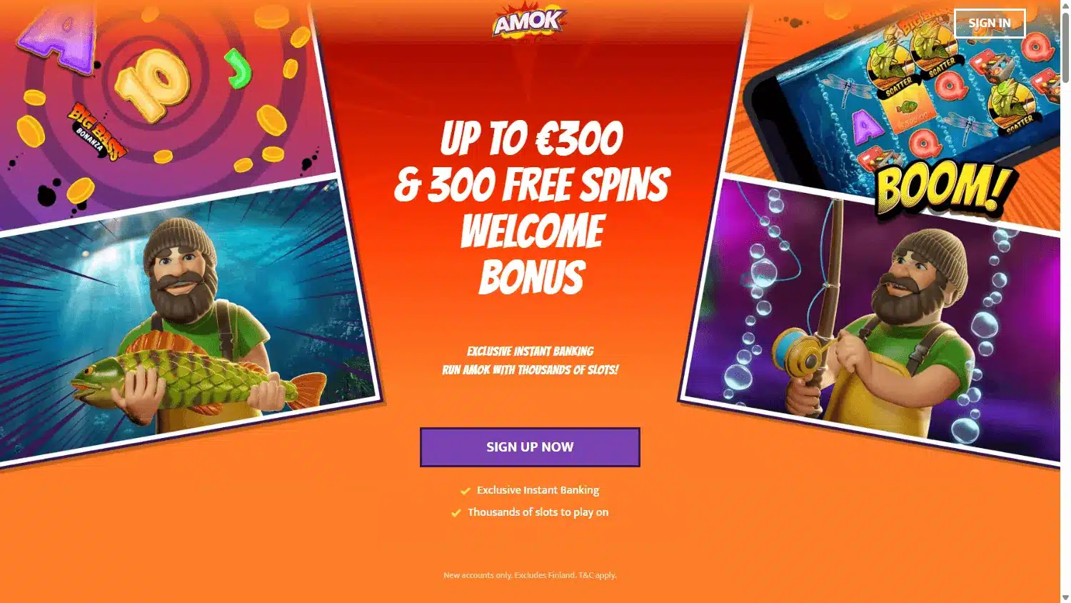 Amok Casino homepage showing its current welcome offer and orange comic-book design