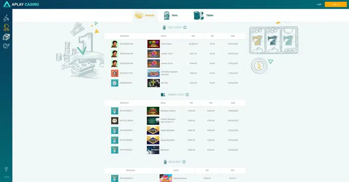 Aplay Casino homepage showing the slots, tables and player records interface