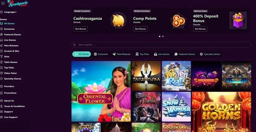 Avantgarde Casino homepage screenshot