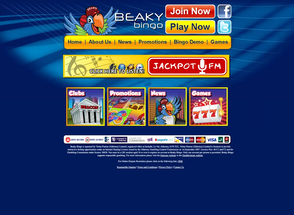 Beaky Bingo homepage screenshot – July 2026