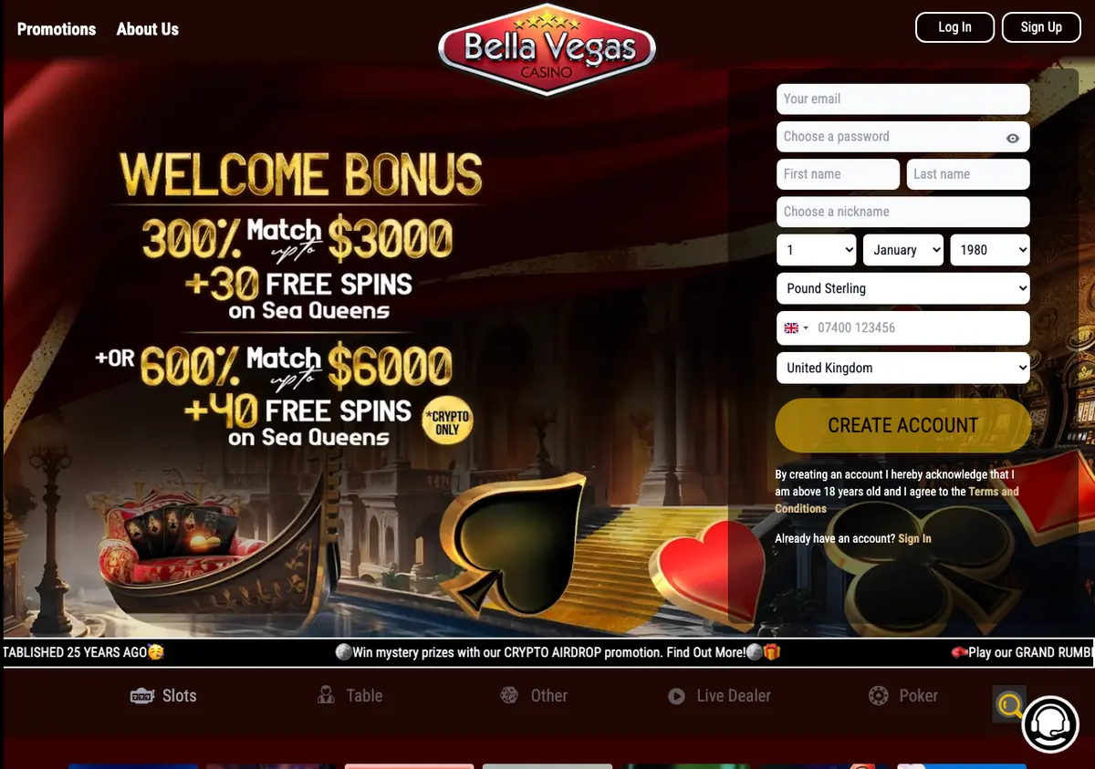 Bella Vegas casino homepage showing its red-curtain lobby and registration panel