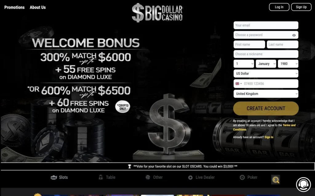 Big Dollar Casino homepage and current welcome offers