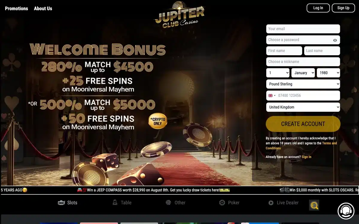 Jupiter Club Casino homepage, game lobby and registration panel
