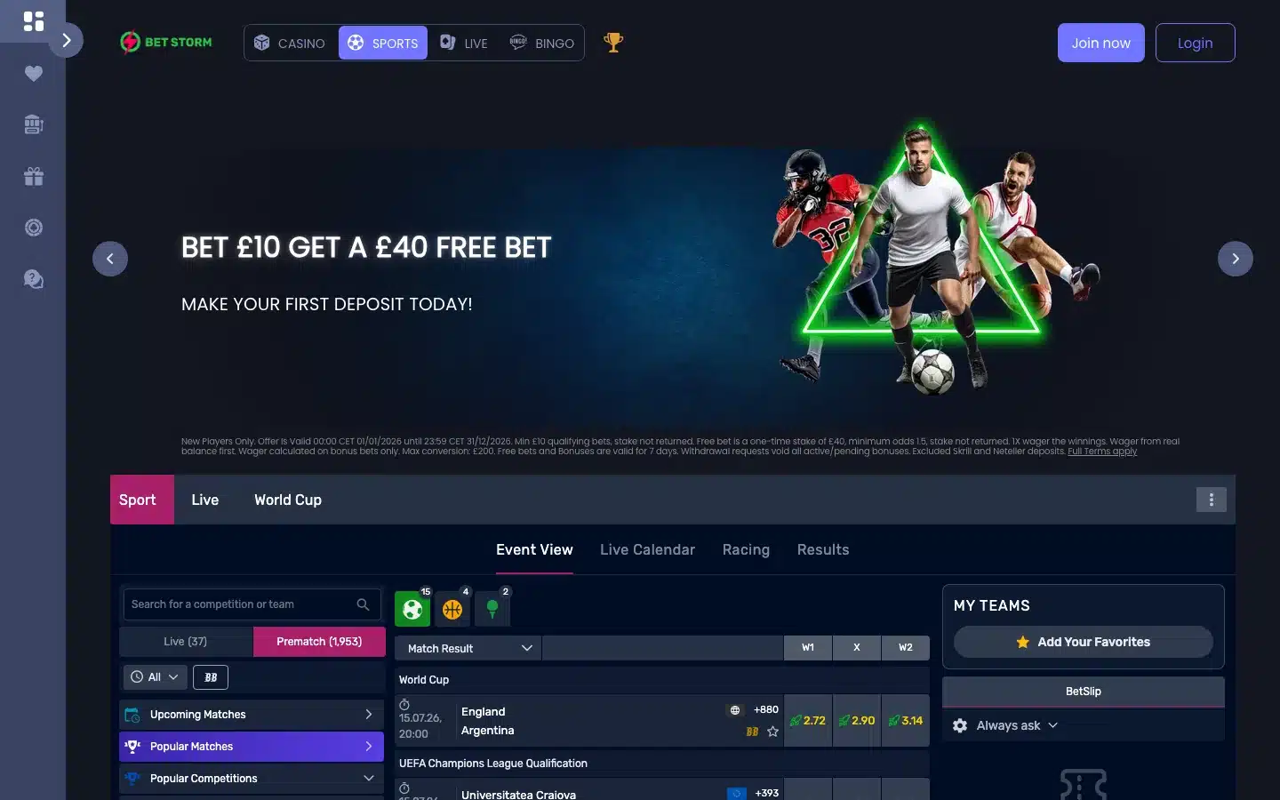 Bet Storm sportsbook homepage