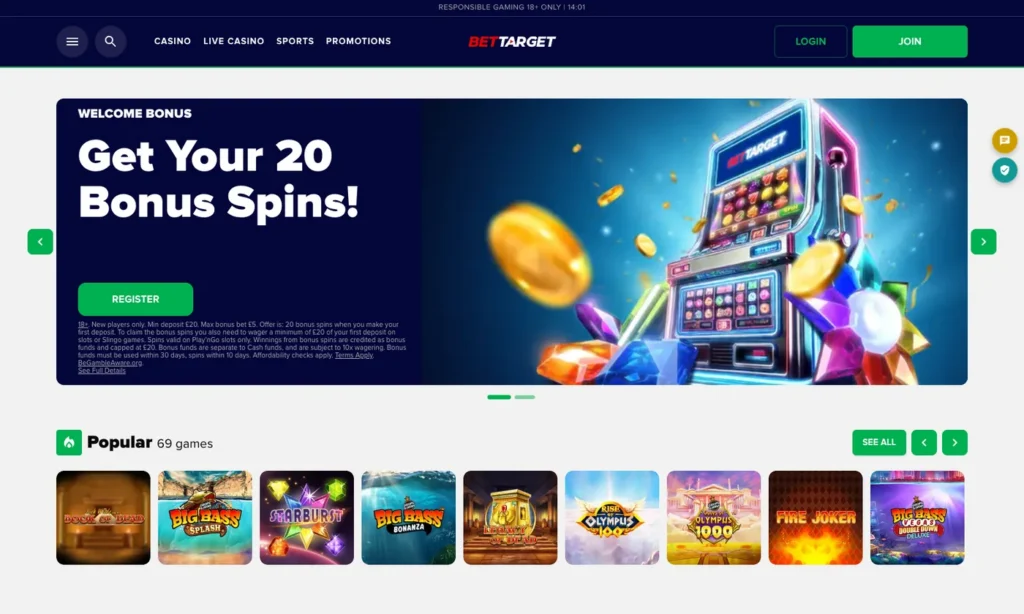 Bet Target casino homepage showing the welcome offer and games lobby