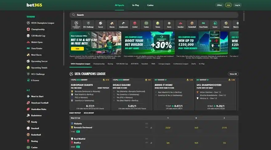 Bet365 sportsbook and casino homepage screenshot