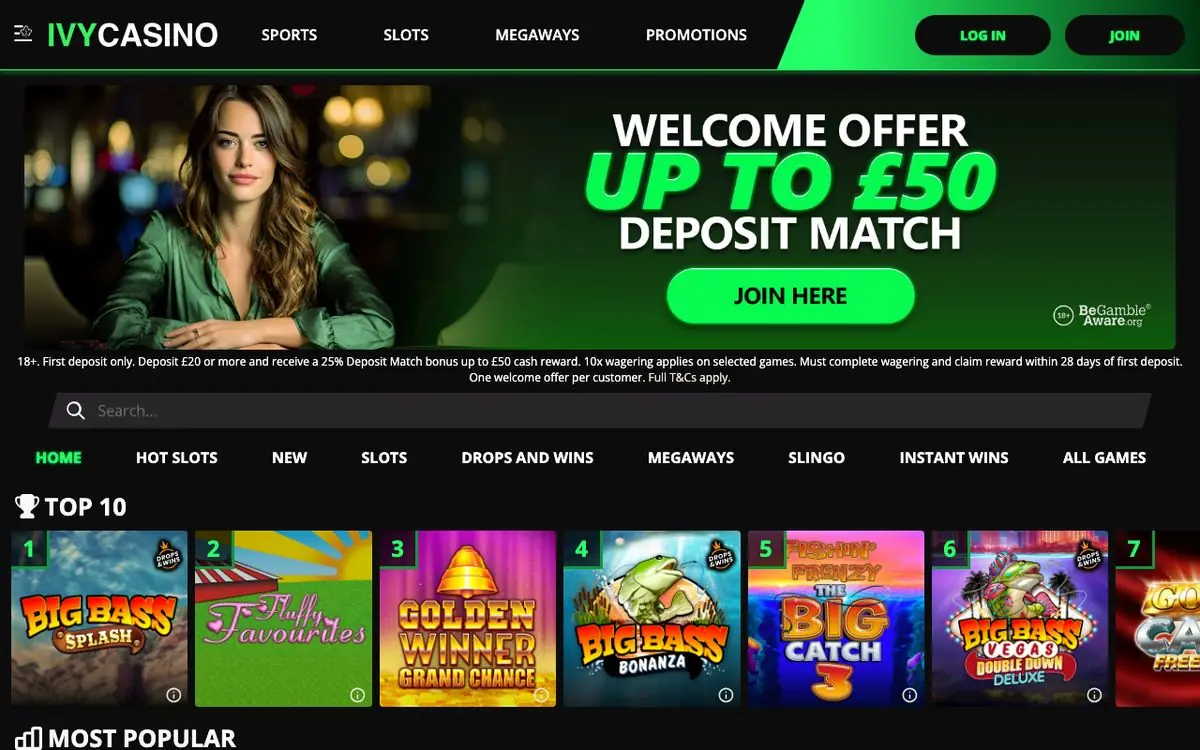 Ivy Casino homepage screenshot – July 2026, Betable Limited's flagship casino brand