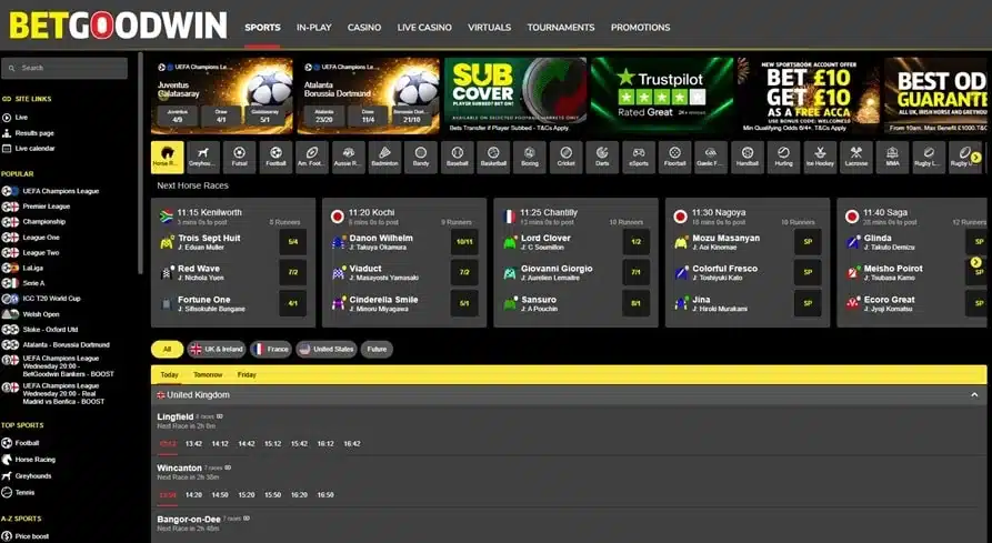 BetGoodwin UK homepage showing racing, sportsbook and casino navigation