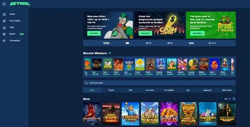 BetMac casino homepage screenshot