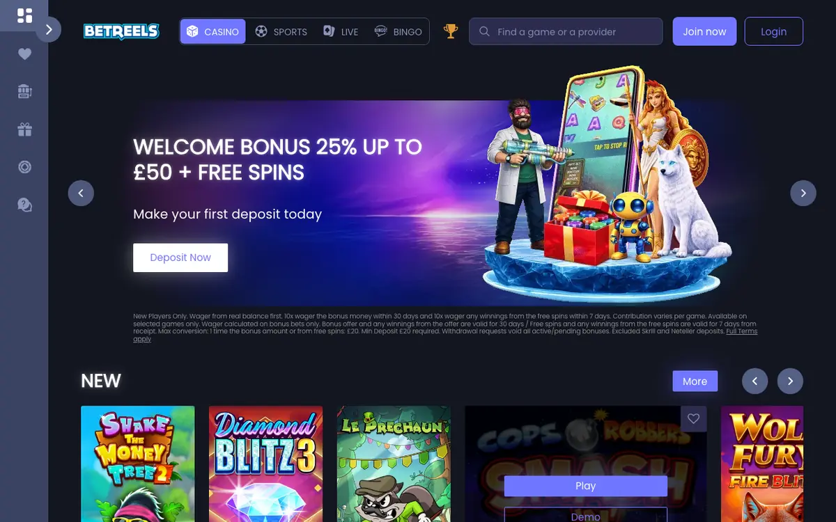 Betreels casino homepage showing the current welcome offer and games lobby