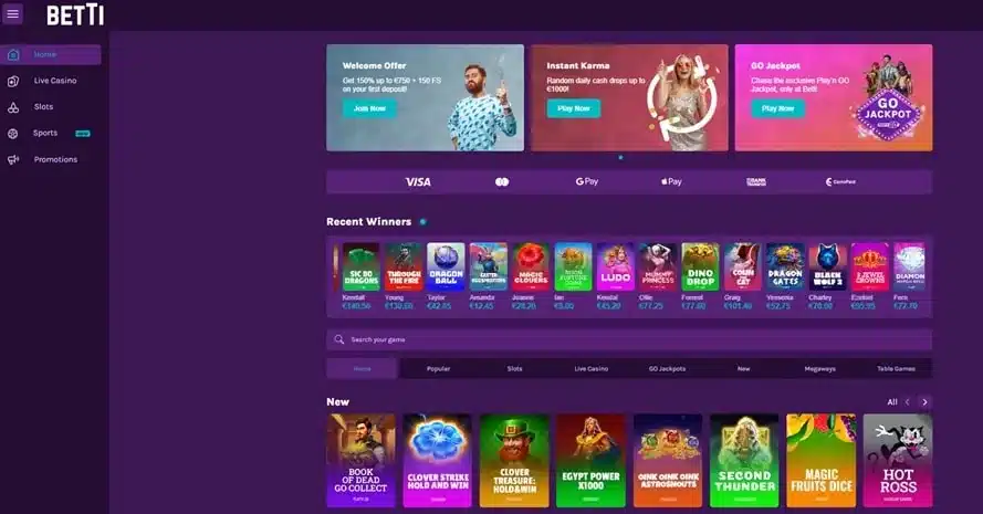 Betti casino homepage screenshot