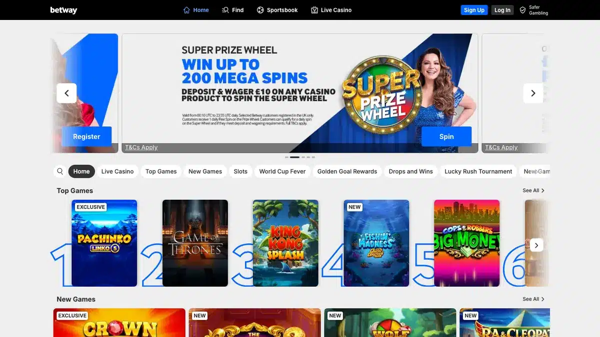 Betway Casino homepage showing its current casino lobby and promotion