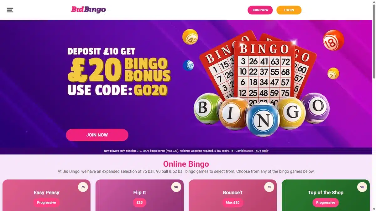Bid Bingo homepage showing the purple bingo offer and online bingo rooms