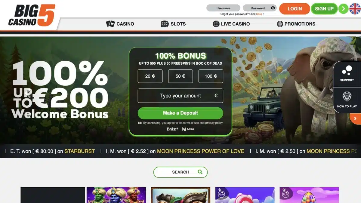 Big 5 Casino homepage showing the current welcome bonus and casino navigation