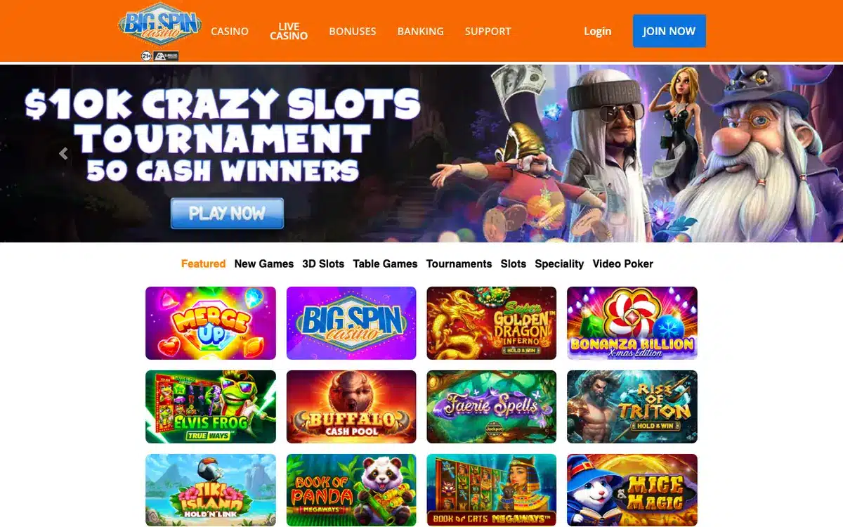 Big Spin Casino homepage before the Love2Play replacement