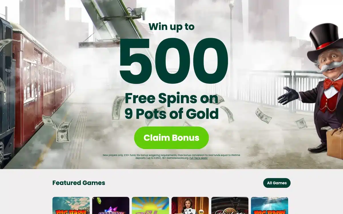 Billion Casino homepage showing the current 500 free spins promotion