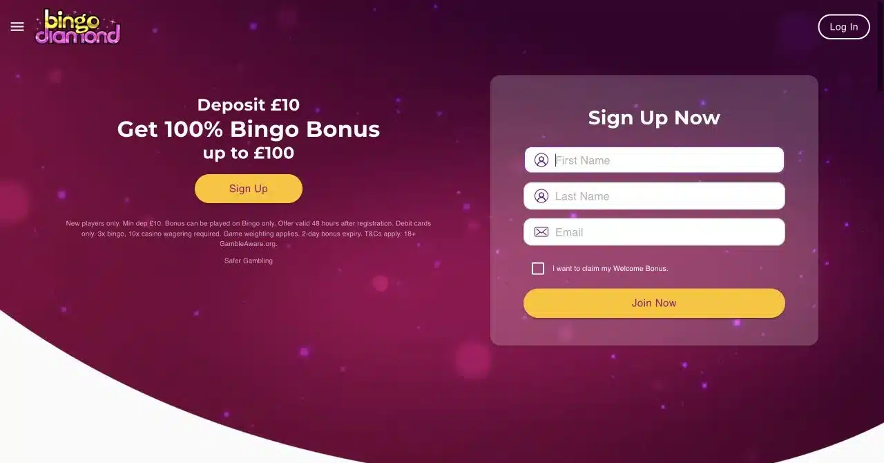 Bingo Diamond homepage showing its welcome offer and registration panel