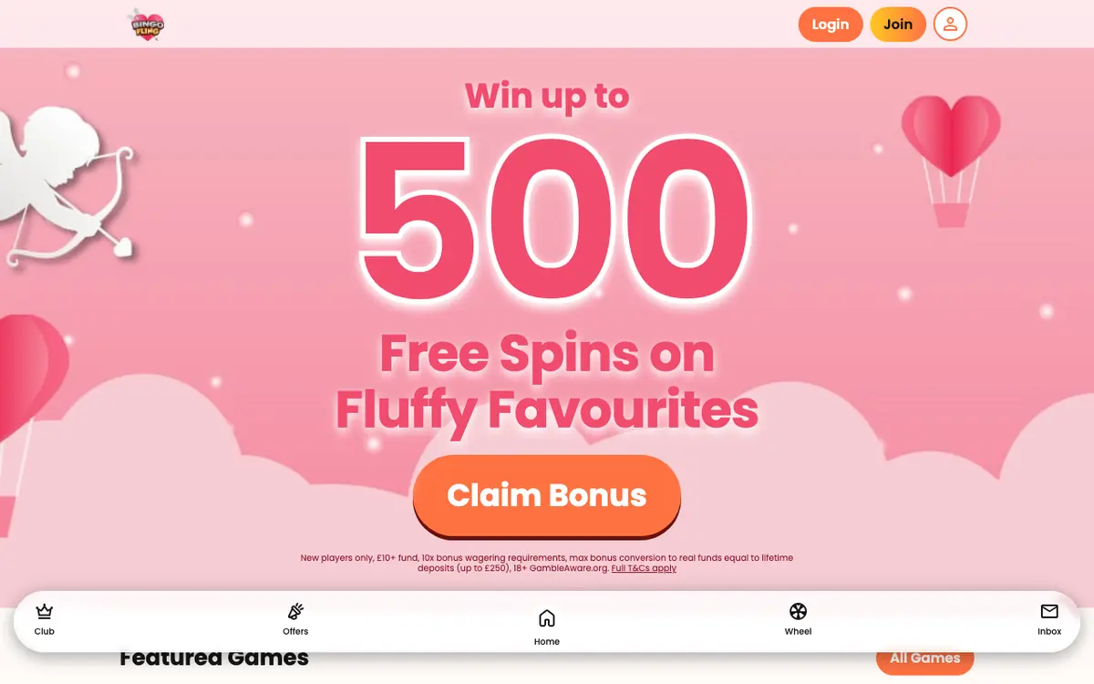 Bingo Fling homepage and free-spins offer