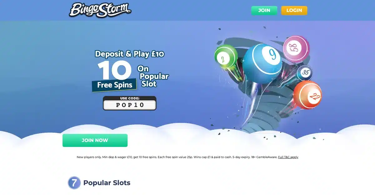 Bingo Storm homepage showing the current ten free spins welcome offer