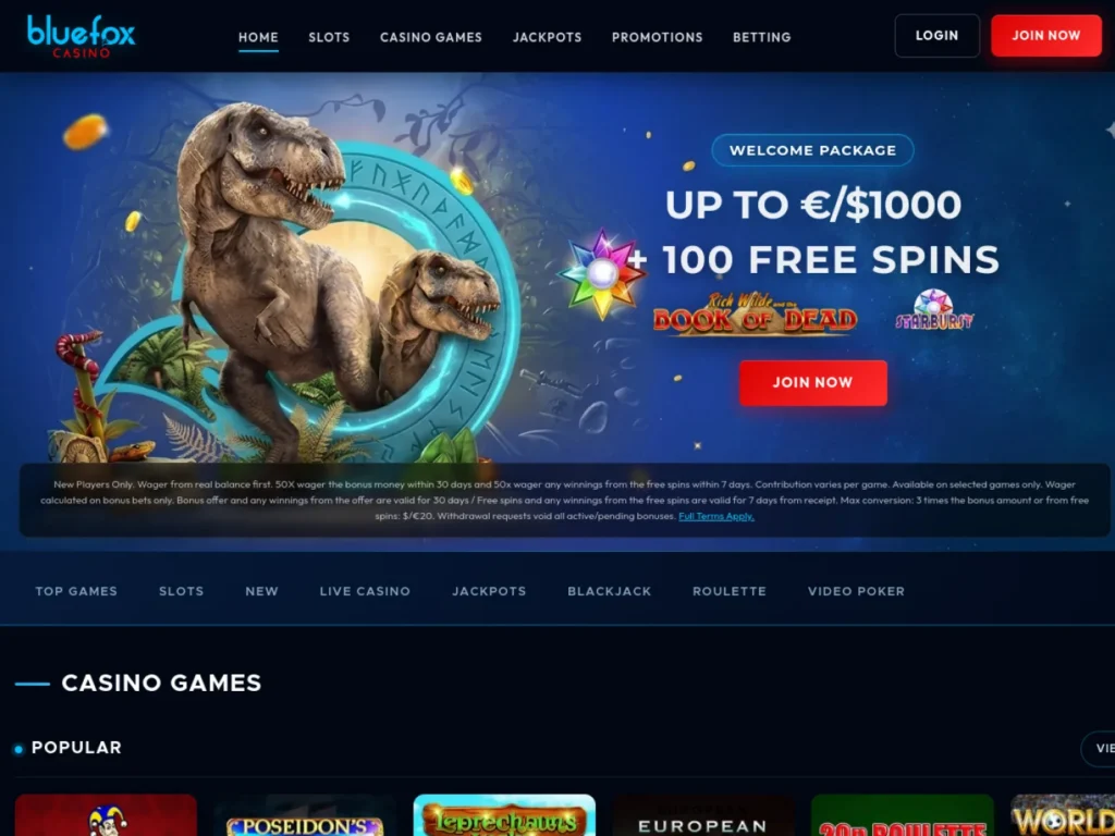 Bluefox Casino homepage showing the welcome package and casino lobby