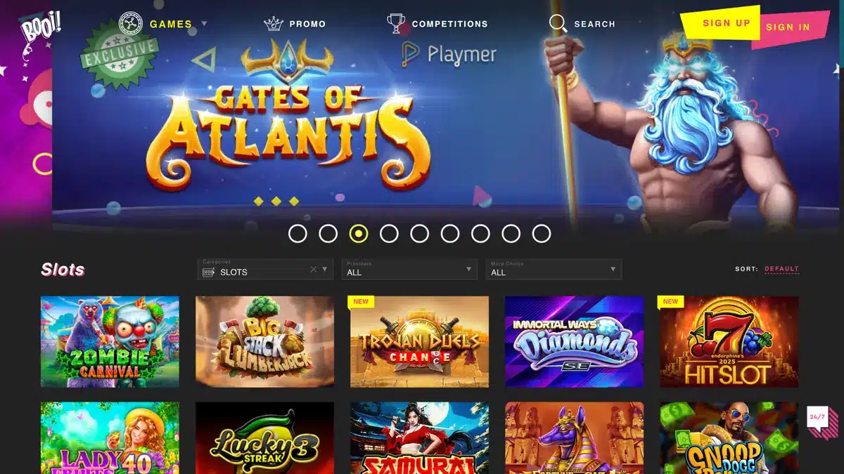 Booi casino games lobby showing slot tiles and the main navigation