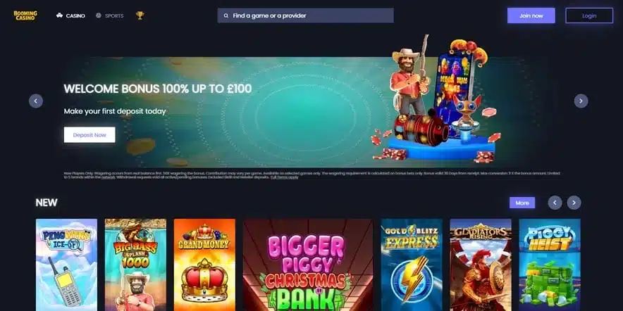 Booming Casino homepage showing the casino lobby and welcome offer