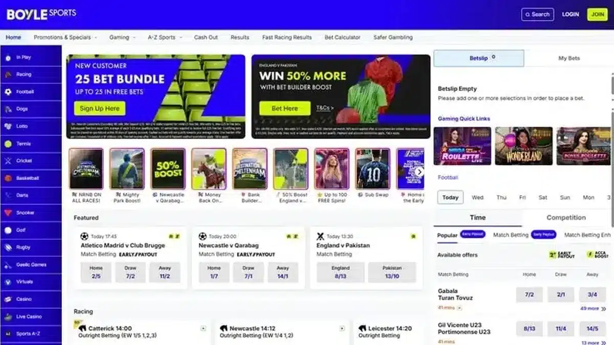 BoyleSports sportsbook homepage and betting markets