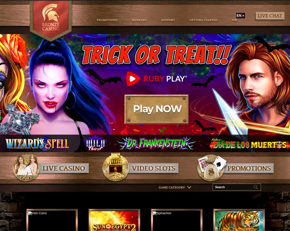 Archived Bronze Casino homepage showing its slots and live casino