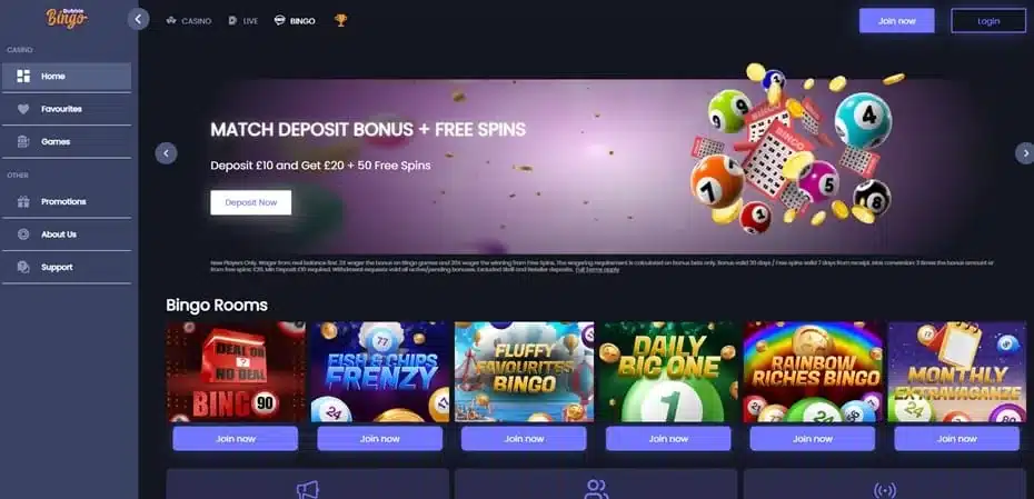 Bubble Bingo homepage and bingo rooms