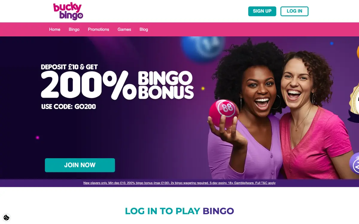 Bucky Bingo homepage showing the current bingo welcome offer