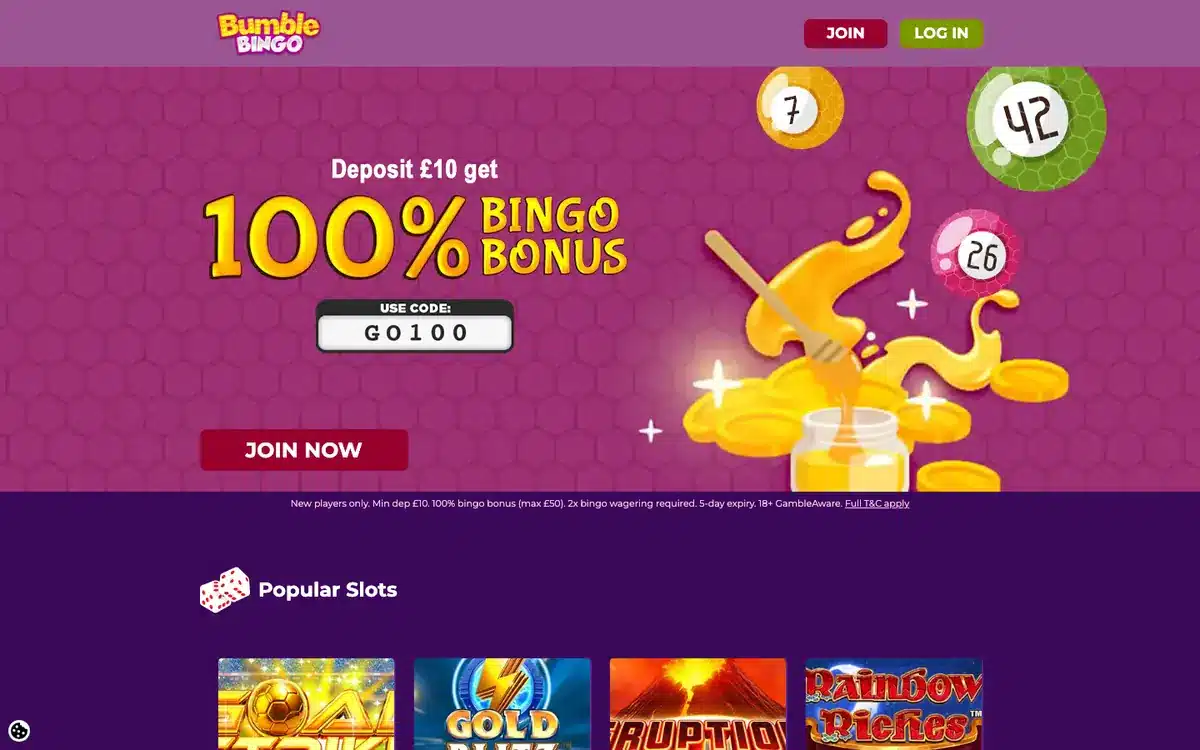 Bumble Bingo homepage showing its current bingo bonus and lobby