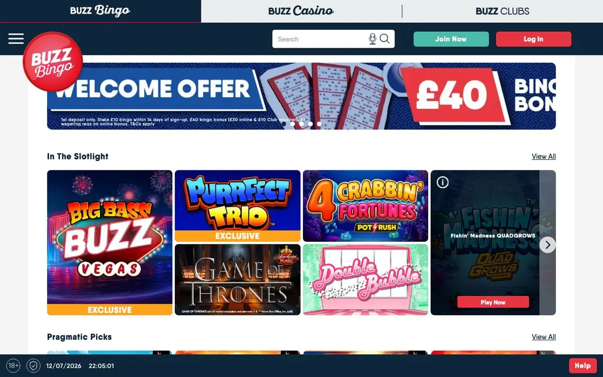 Buzz Bingo homepage screenshot – July 2026