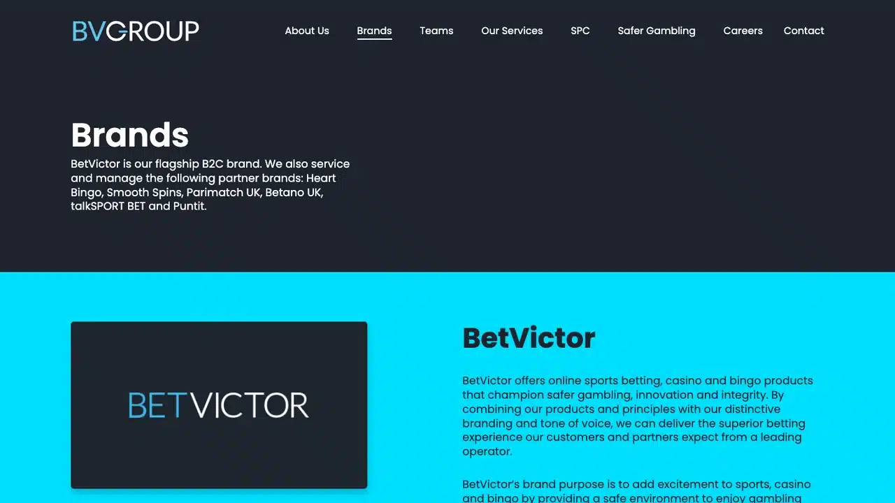 BVGroup official brands page showing BetVictor and managed partner brands